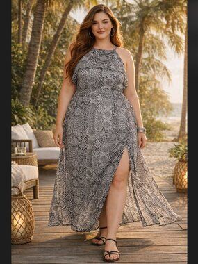 Torrid Maxi Dress 1X Black White Ikat Chiffon Slit Boho Summer Resort Flowy NWT